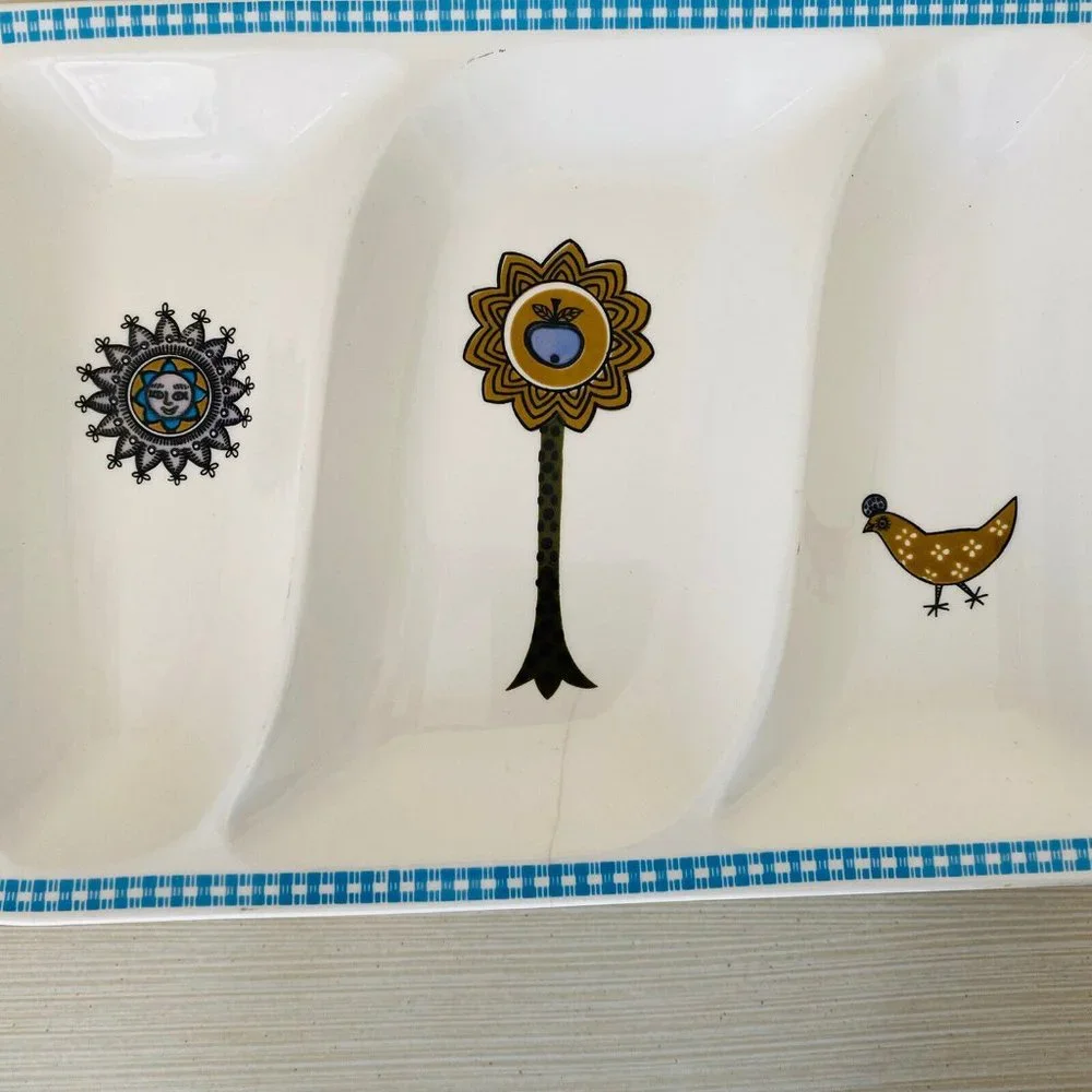 Vintage MCM Divided Tray Platter Blue Ivory Tree Sun Chicken *see flaws In Photo